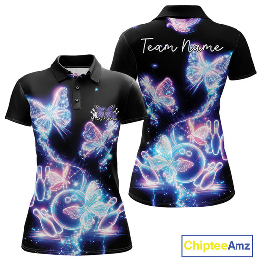 Custom Holographic Butterfly Women Bowling Team Shirts, Ladies Bowling League Shirt IPHW10912