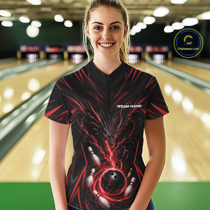 Custom Black And Red Lightning Dragon Bowling Team Women Quarter-Zip Shirt IPHW11838