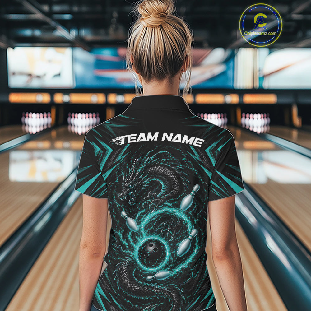 Custom Turquoise Blue Lightning Dragon Bowling Team Women Polo Shirt, Bowling League Shirt IPHW11839