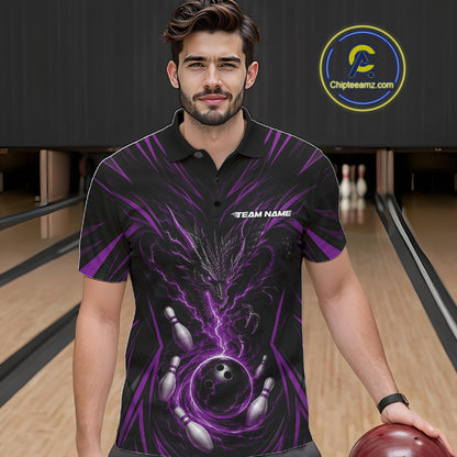 Custom Black And Purple Lightning Dragon Bowling Men Polo Shirt, Bowling League Shirt IPHW11840