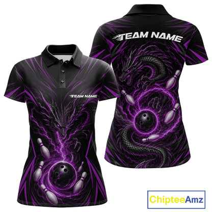 Custom Black And Purple Lightning Dragon Bowling Women Polo Shirt, Bowling League Shirt IPHW11840