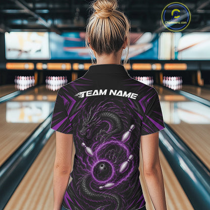 Custom Black And Purple Lightning Dragon Bowling Women Polo Shirt, Bowling League Shirt IPHW11840