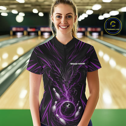 Custom Black And Purple Lightning Dragon Bowling Women Quarter-Zip Shirt IPHW11840