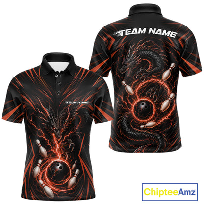Custom Black And Orange Lightning Dragon Bowling Men Polo Shirt, Bowling League Shirt IPHW11841