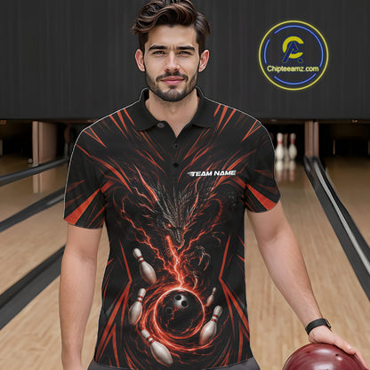 Custom Black And Orange Lightning Dragon Bowling Men Polo Shirt, Bowling League Shirt IPHW11841