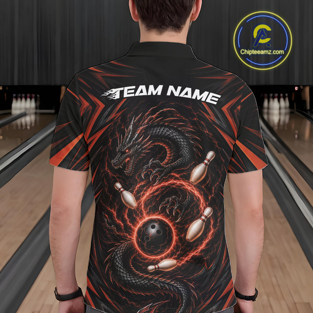 Custom Black And Orange Lightning Dragon Bowling Men Polo Shirt, Bowling League Shirt IPHW11841