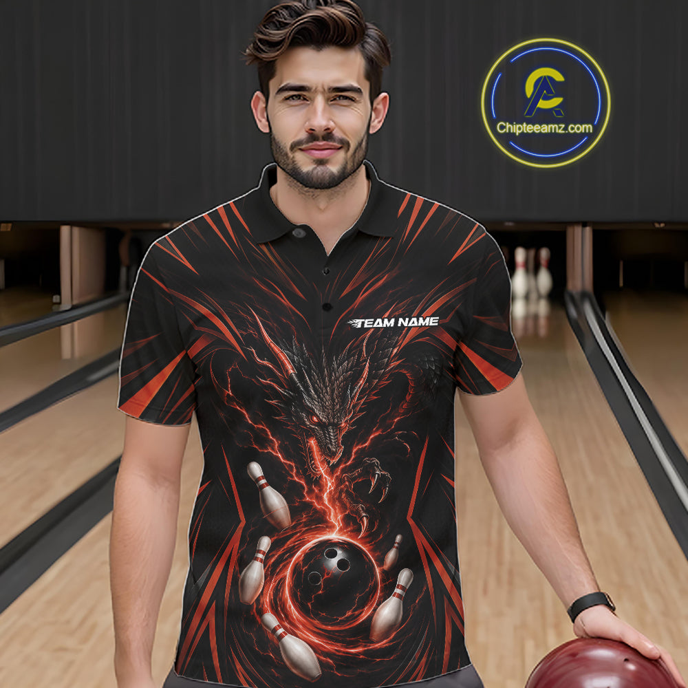 Custom Black And Orange Lightning Dragon Bowling Men Polo Shirt, Bowling League Shirt IPHW11841