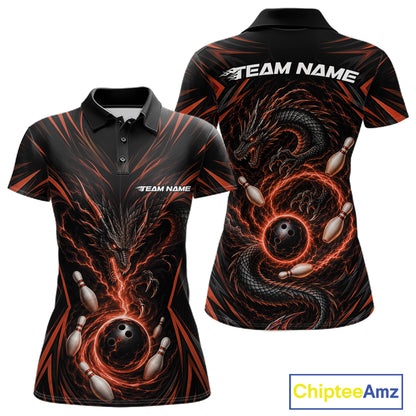 Custom Black And Orange Lightning Dragon Bowling Women Polo Shirt, Bowling League Shirt IPHW11841