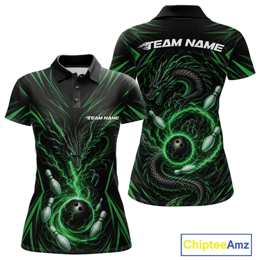 Black short-sleeve polo shirt with a green and black dragon design wrapping around bowling pins and bowling balls, shown from the front and back. The back features a large 'TEAM NAME' print in white.