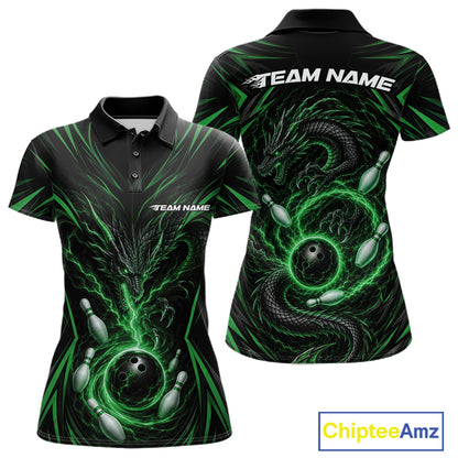 Black short-sleeve polo shirt with a green and black dragon design wrapping around bowling pins and bowling balls, shown from the front and back. The back features a large 'TEAM NAME' print in white.