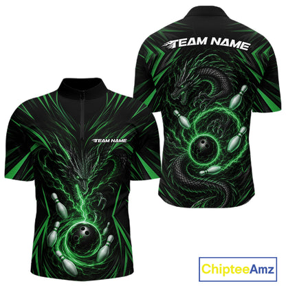 Front and back views of a black short-sleeve zip-up jersey with a neon green and black dragon wrapping around bowling balls, on a white background with a ChipteeAmz logo in the bottom right corner.