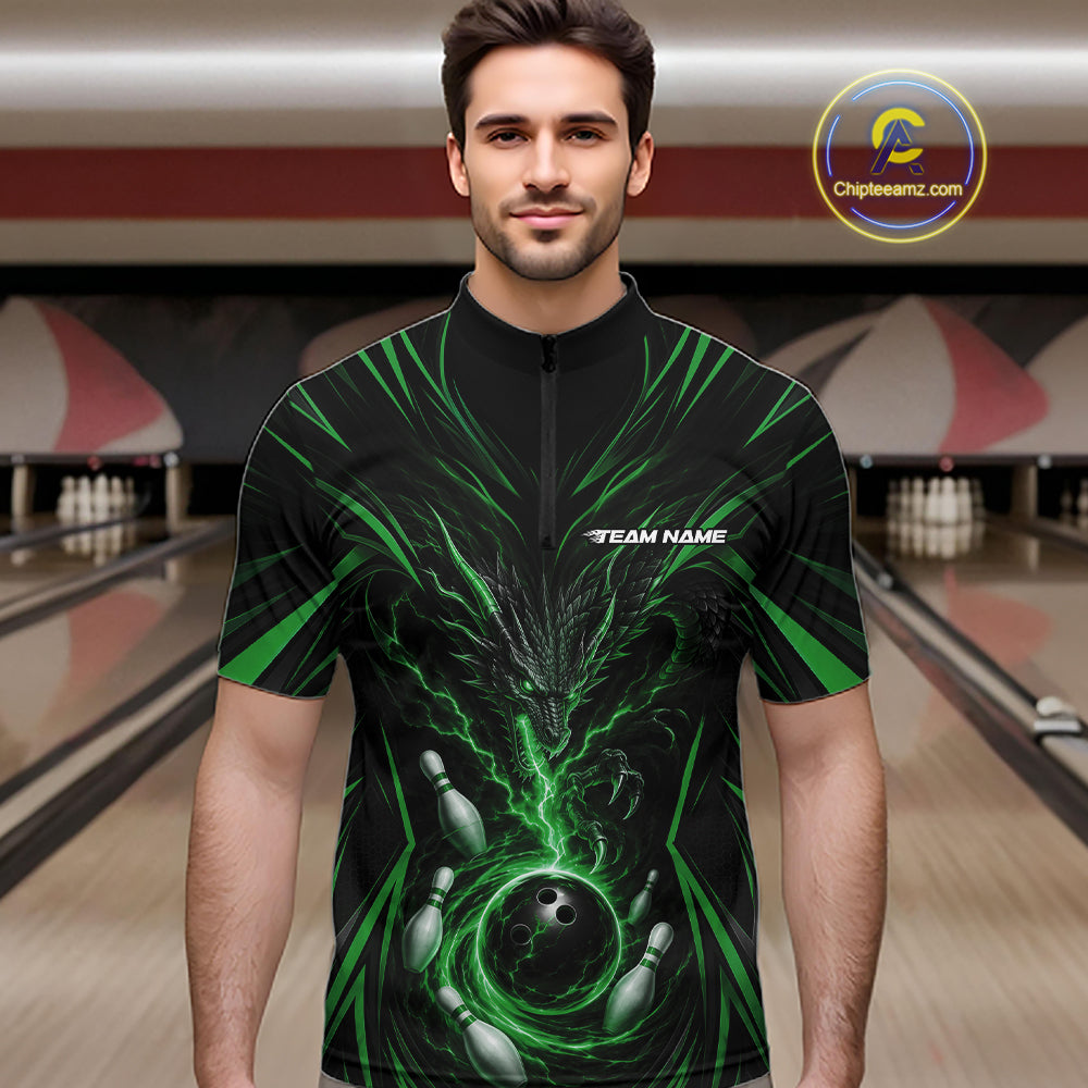 Custom Black And Green Lightning Dragon Bowling Team Men Quarter Zip Shirt, Bowling League Shirt IPHW11842