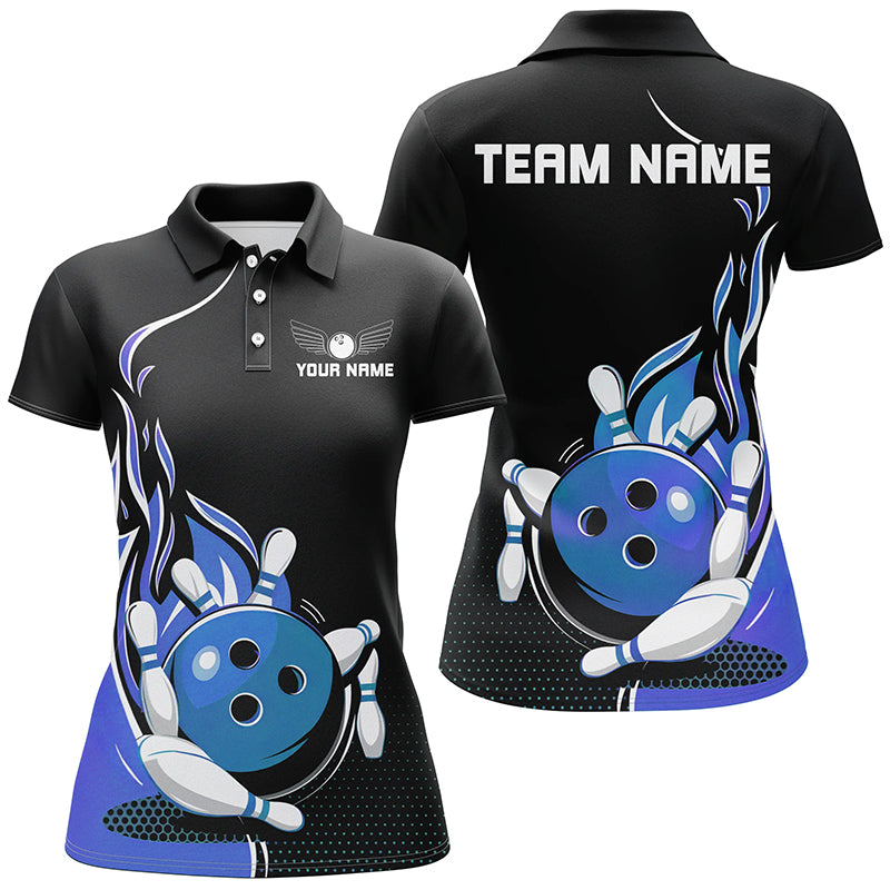 Custom Blue Flame Bowling Shirts For Women, Team Bowling Uniform Outfit Bowling IPHW7384