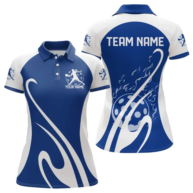 Custom White And Blue Pickleball Polo Shirts For Women, Flame Pickleball Tournament Team Shirt IPHW8116