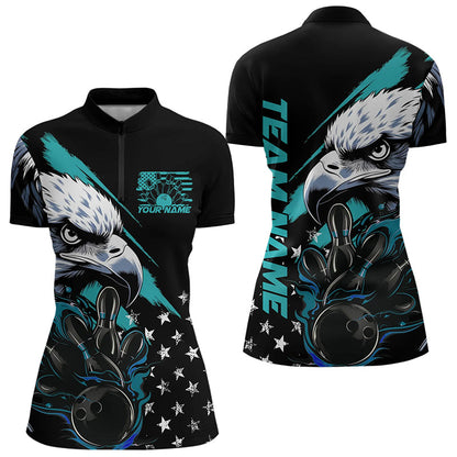 Black And Blue American Flag Eagle Custom Patriotic Flame Bowling Women Quarter-Zip Shirts IPHW8849