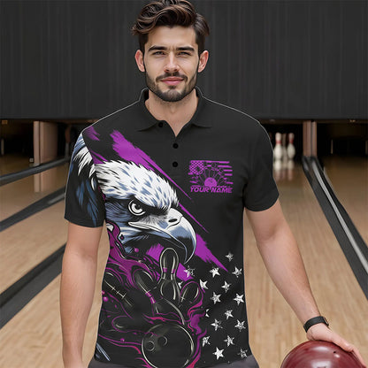 Black And Purple American Flag Eagle Custom Patriotic Flame Bowling Team Men Polo Shirts IPHW8850