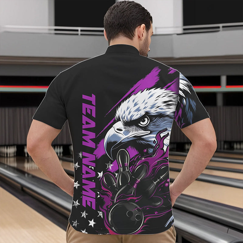 Black And Purple American Flag Eagle Custom Patriotic Flame Bowling Team Men Quarter-Zip Shirts IPHW8850