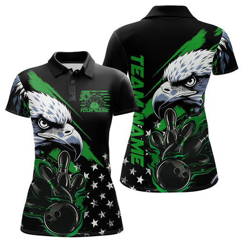 Black And Green American Flag Eagle Custom Patriotic Flame Bowling Team Women Polo Shirts IPHW8851