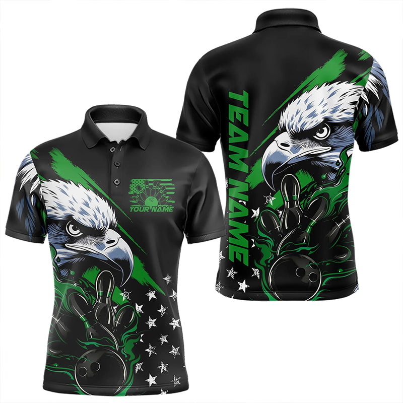 Black And Green American Flag Eagle Custom Patriotic Flame Bowling Team Men Polo Shirts IPHW8851