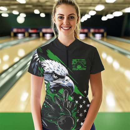 Black And Green American Flag Eagle Custom Patriotic Flame Bowling Women Quarter-Zip Shirt IPHW8851