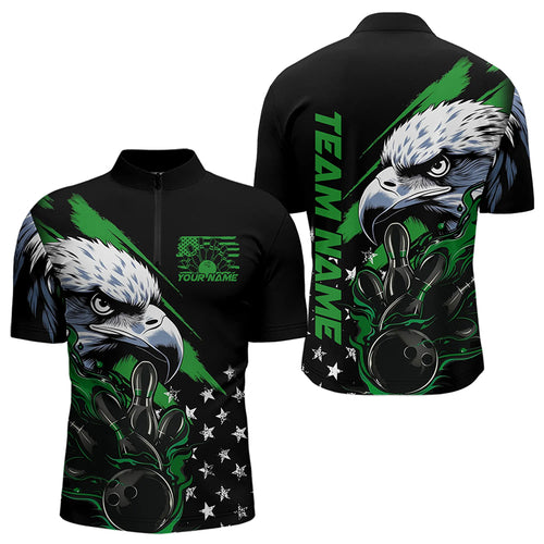 Black And Green American Flag Eagle Custom Patriotic Flame Bowling Team Men Quarter-Zip Shirts IPHW8851