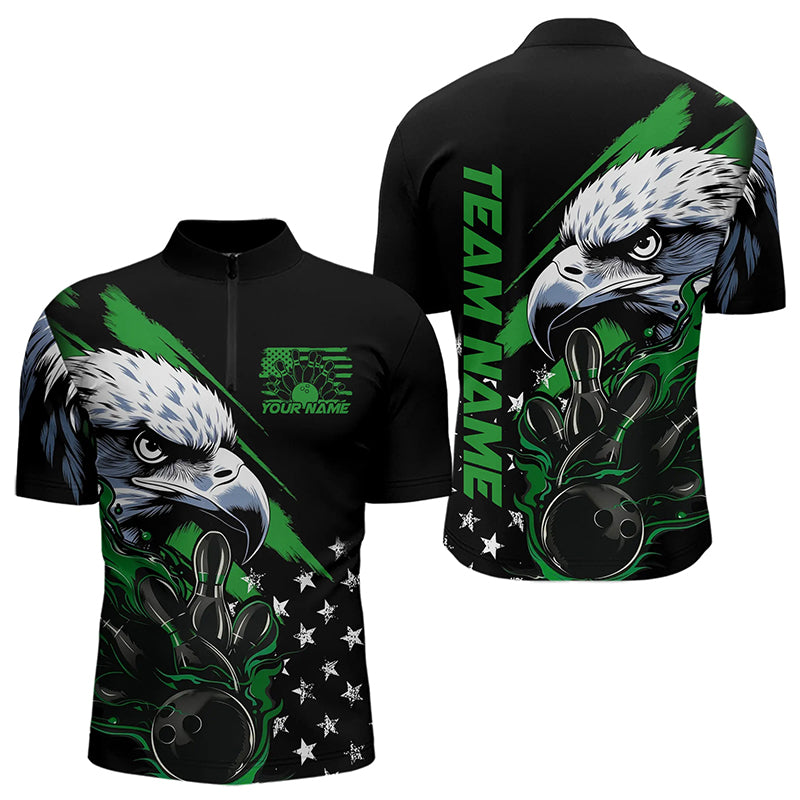 Black And Green American Flag Eagle Custom Patriotic Flame Bowling Team Men Quarter-Zip Shirts IPHW8851
