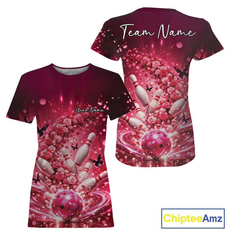 Custom Elegant Red Roses And Butterfly Women Bowling, Flower Bowling League IPHW10926