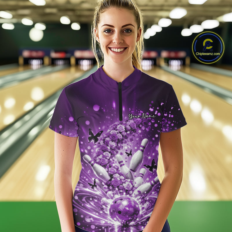 Custom Elegant Purple Roses And Butterfly Women Bowling Shirt, Bowling League Shirt IPHW10927