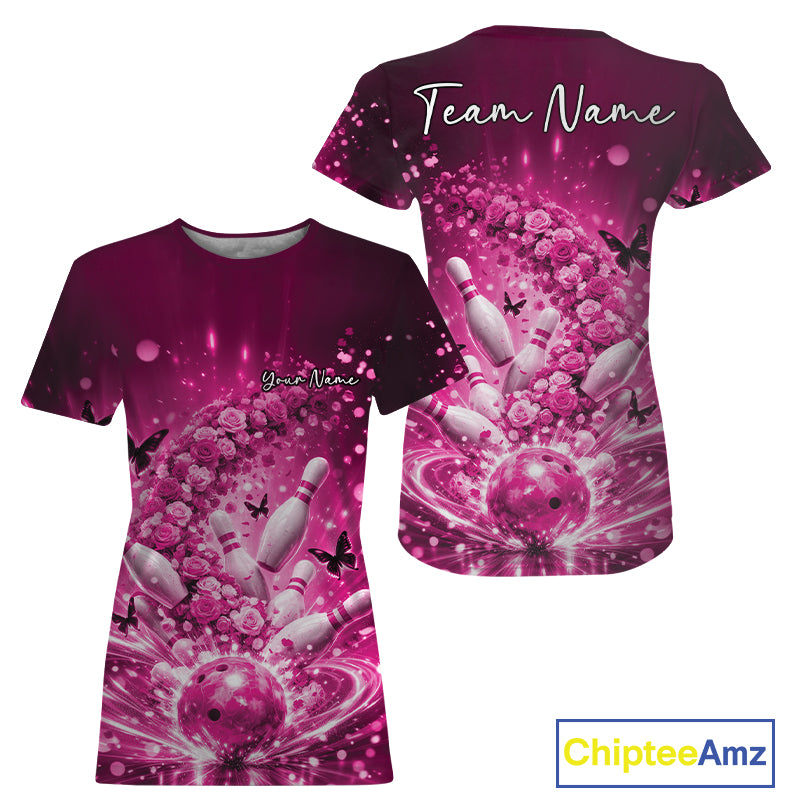 Custom Elegant Pink Roses And Butterfly Women Bowling, Flower Bowling League IPHW10928
