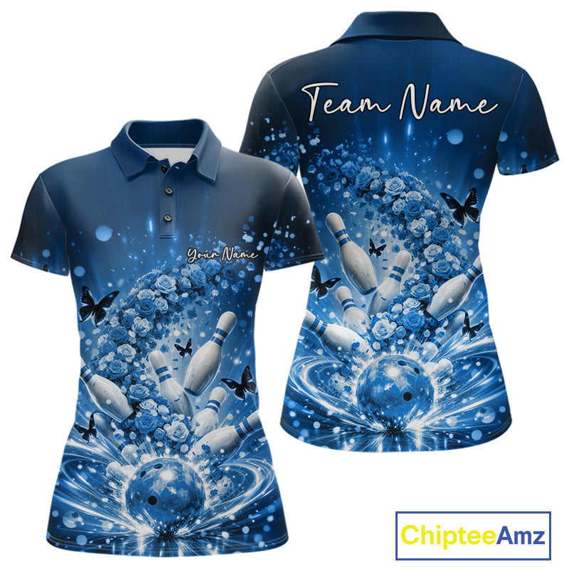 Custom Elegant Blue Roses And Butterfly Women Bowling Shirt, Flower Bowling League Shirt IPHW10929