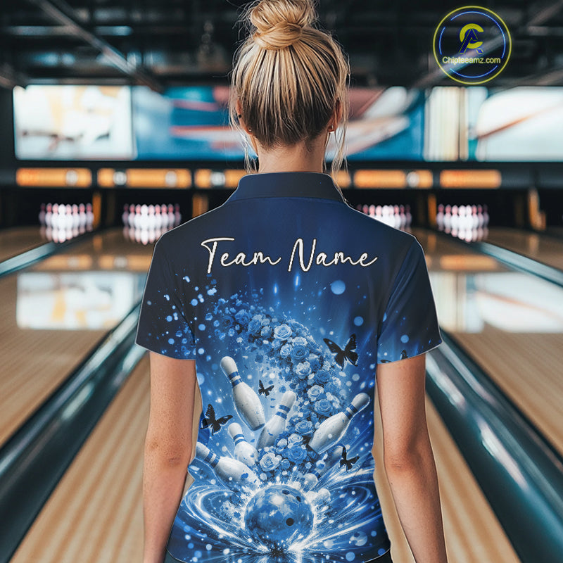 Custom Elegant Blue Roses And Butterfly Women Bowling Shirt, Flower Bowling League Shirt IPHW10929