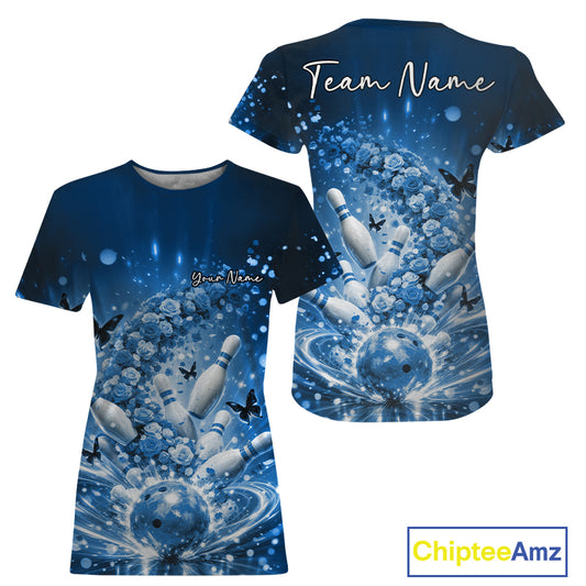Custom Elegant Blue Roses And Butterfly Women Bowling, Flower Bowling League IPHW10929