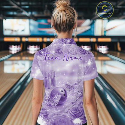 Custom Elegant Purple Roses And Butterfly Women Bowling Quarter-Zip Shirt, Ladies Outfit IPHW10934