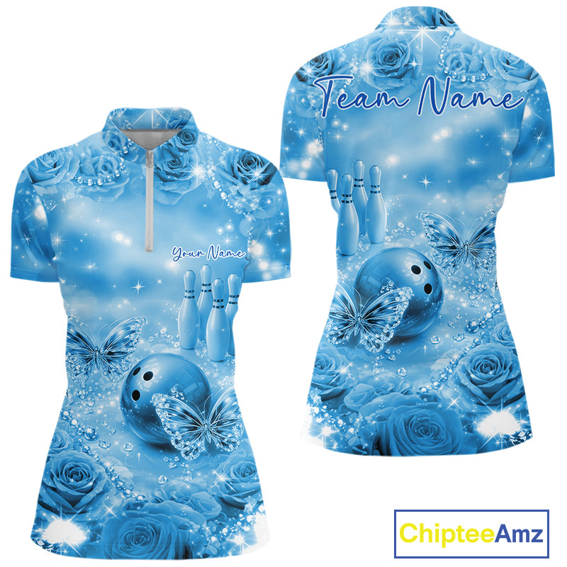 Custom Elegant Blue Roses And Butterfly Women Bowling Quarter-Zip Shirts, Ladies Outfit IPHW10935