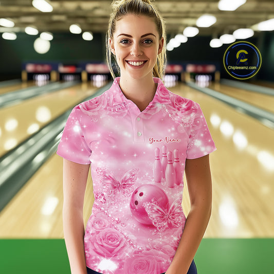 Custom Elegant Pink Roses And Butterfly Women Bowling Polo Shirts, Ladies Outfit IPHW10937