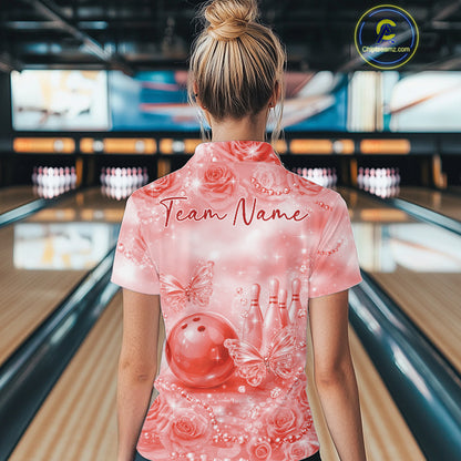 Custom Elegant Red Roses And Butterfly Women Bowling Quarter-Zip Shirts, Ladies Outfit IPHW10940