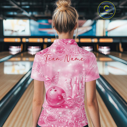 Custom Elegant Pink Roses And Butterfly Women Bowling Quarter-Zip Shirts, Ladies Outfit IPHW10941