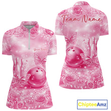 Load image into Gallery viewer, Custom Elegant Pink Roses And Butterfly Women Bowling Quarter-Zip Shirts, Ladies Outfit IPHW10941