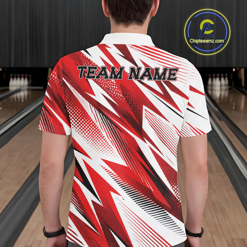 Person wearing a red and white bowling shirt with 'TEAM NAME' on the back, standing in a bowling alley.