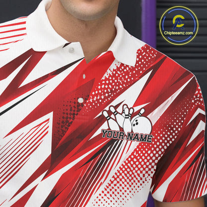Red and white bowling-themed shirt with a graphic design and 'Your Name' text on a blurred background.