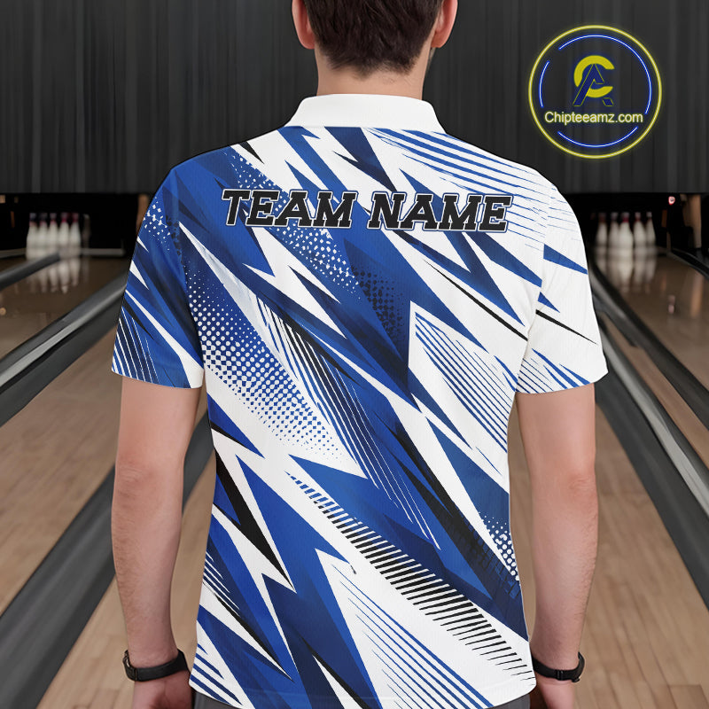 Person wearing a blue and white bowling shirt with 'TEAM NAME' text in a bowling alley.