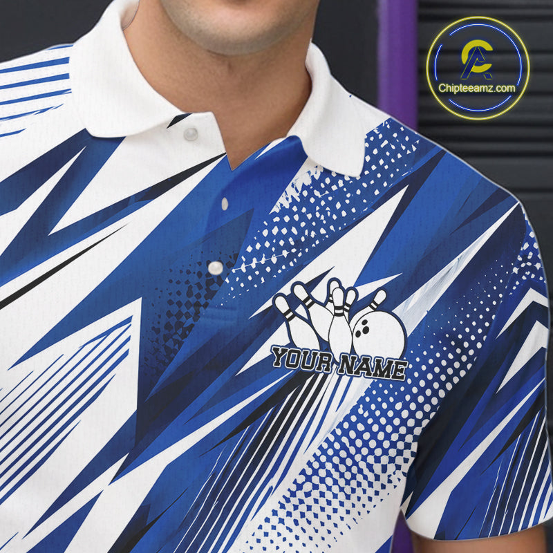 Blue and white bowling shirt with a logo and text on a person wearing it.