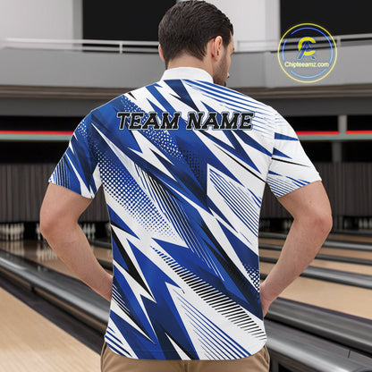 Person wearing a blue and white patterned bowling shirt with 'TEAM NAME' text on a bowling alley background.
