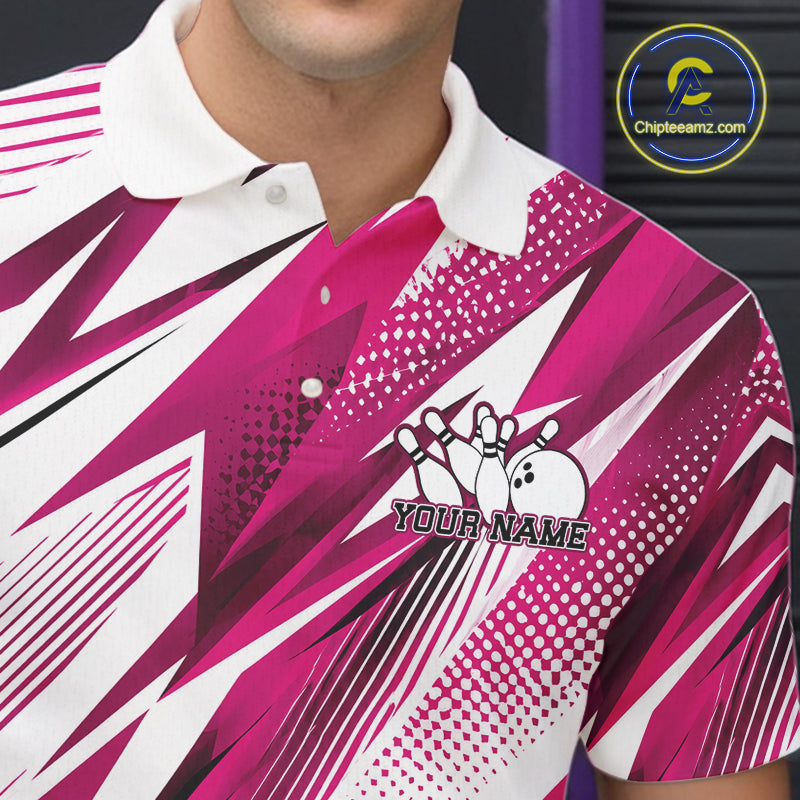 Person wearing a pink and white bowling shirt with a logo and text space.