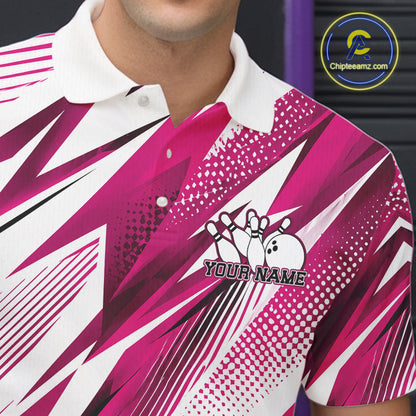 Person wearing a pink and white bowling shirt with a logo and text space.