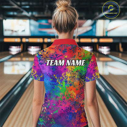 Custom Colorful Bowling Quarter Zip Shirts For Women, Pride Colors Ladies Bowling Shirts IPHW6788