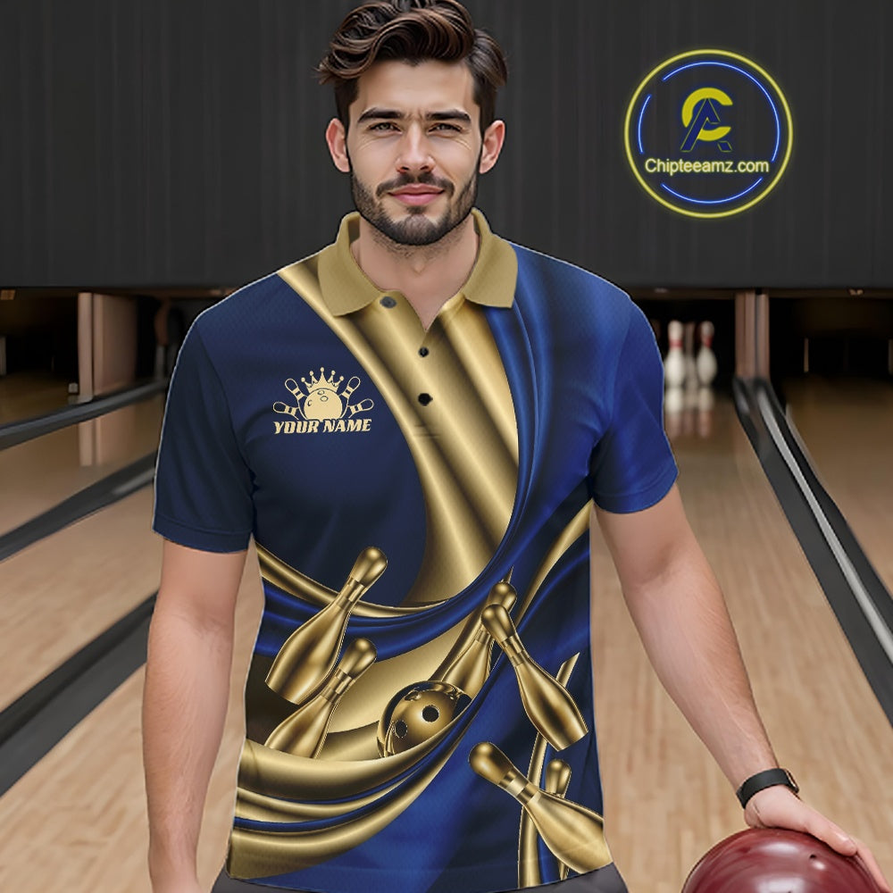 Custom Blue And Gold Curves With Golden Bowling Ball And Pins Men Polo Shirt IPHW11614