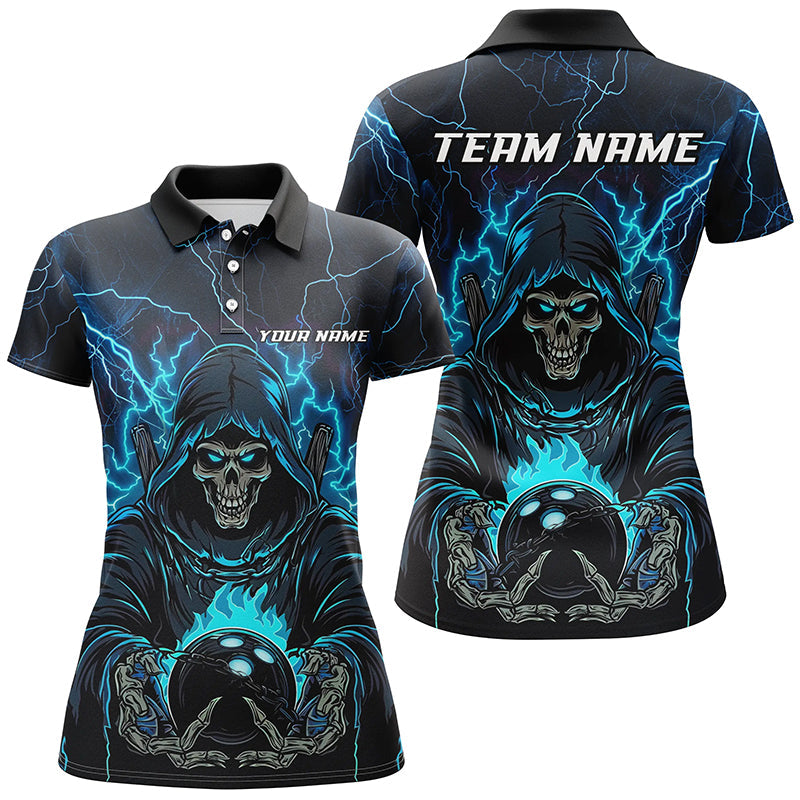 Black And Blue Lightning Custom Skull Bowling Shirts For Women, Halloween Bowling Shirts IPHW7091