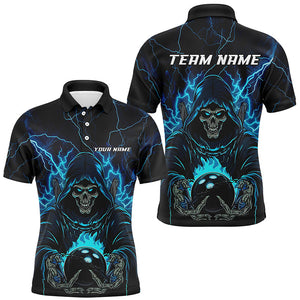 Black And Blue Lightning Custom Skull Bowling Shirts For Men, Halloween Bowling Shirts IPHW7091