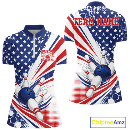 Front and back views of a short-sleeve polo shirt featuring a patriotic red, white, and blue American flag design with bowling pins, bowling balls, and stars. The shirt includes customizable text placeholders 'TEAM NAME' and 'YOURNAME'.
